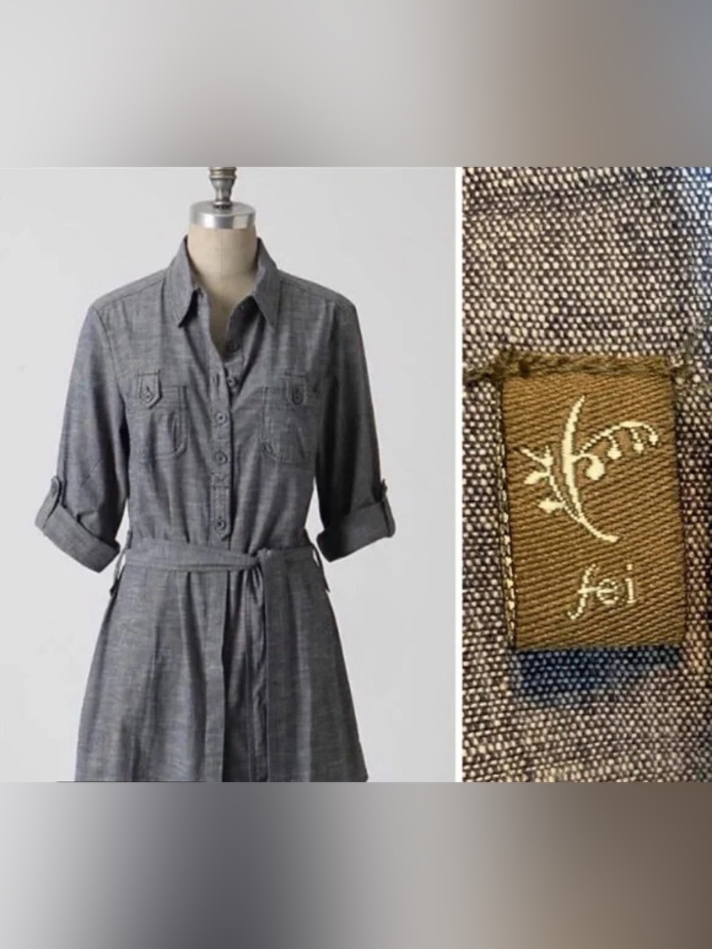 Anthropologie Gray Button-Front Shirt Dress with Tie Waist